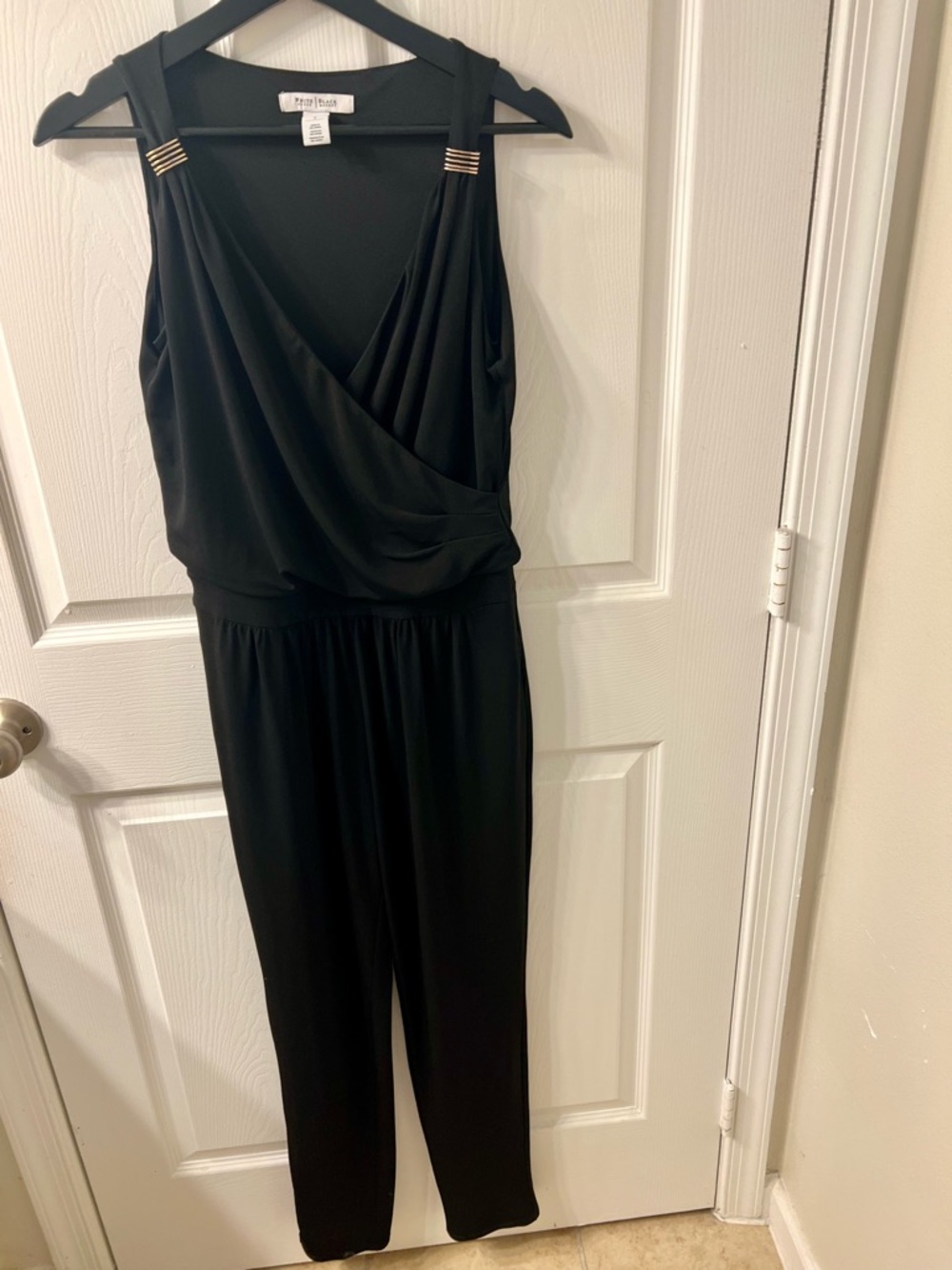 White House Black Market Black Sleeveless Jumpsuit with Gold Shoulder Accents